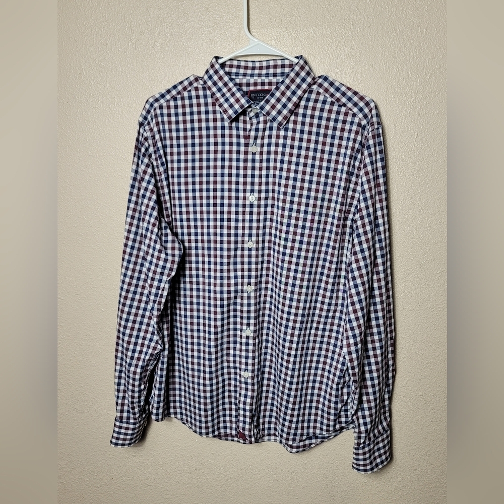 UNTUCKIT Mens Button Down Shirt Size Large Plaid Blue Red Long Sleeve Cotton